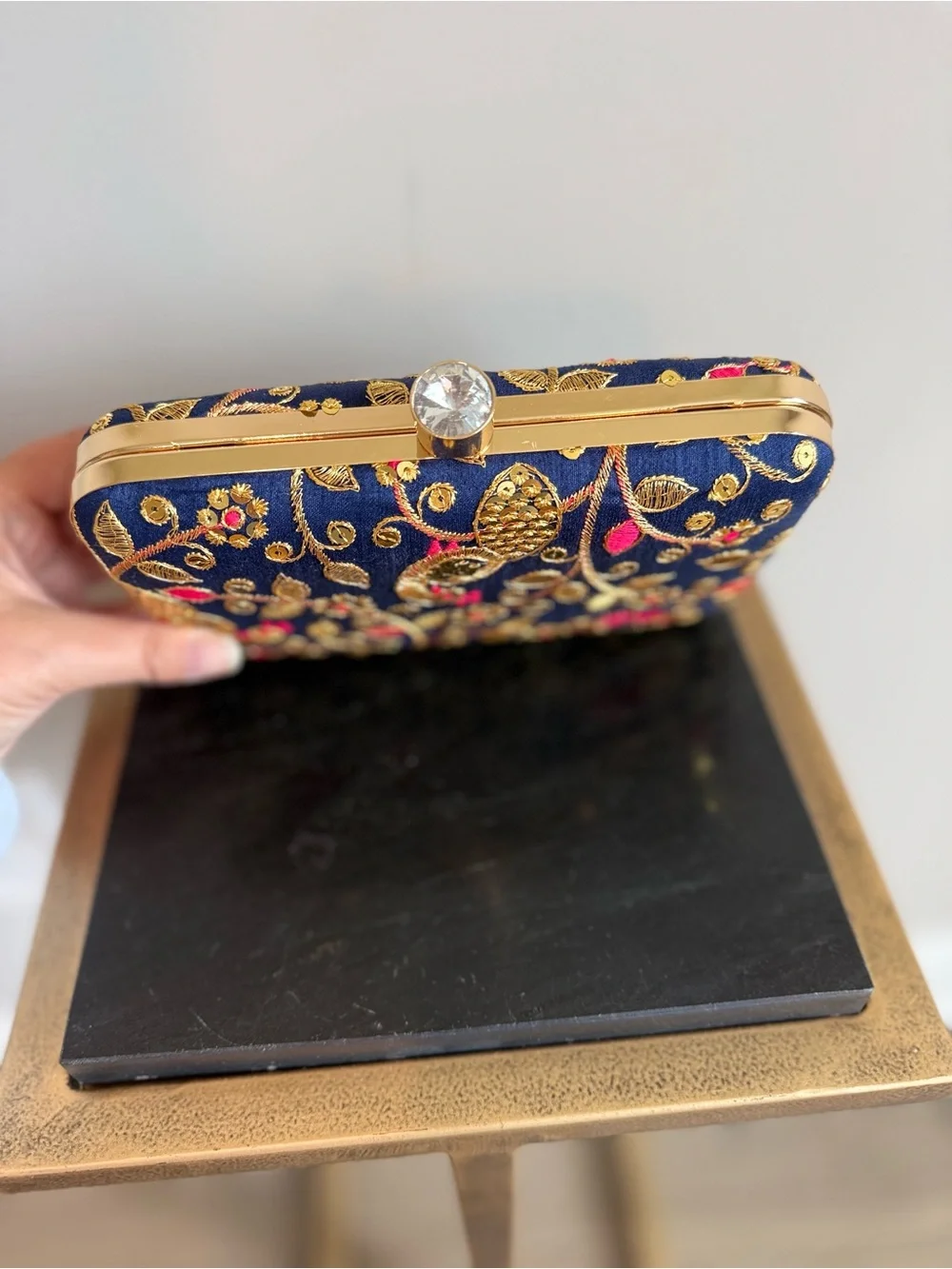 Longing to Buy Handmade Designer Box Clutch Zari Embroidered Navy Gold Floral